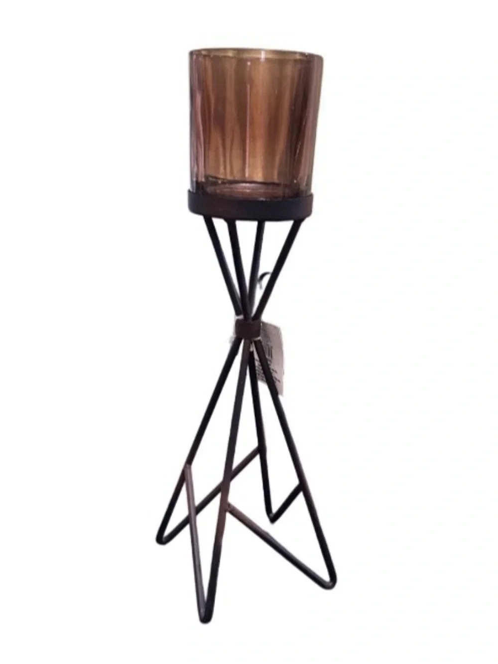 Candle Holder Amber Brown Glass Hurricane Bronze Metal Stand 15” Home Decor